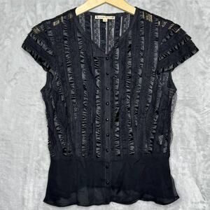 Womens Top 6 Sheer Lace Ribbon Cap Sleeve Black Lace Fairy Goth Whimsigoth Vamp